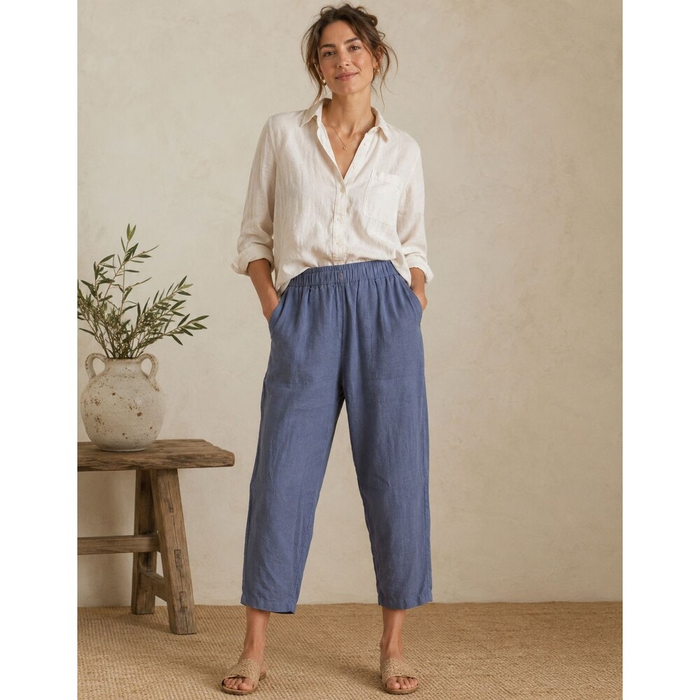 NWT Quince 100% Organic Linen Pants Pull-On Trouser Moonstone Blue XL
